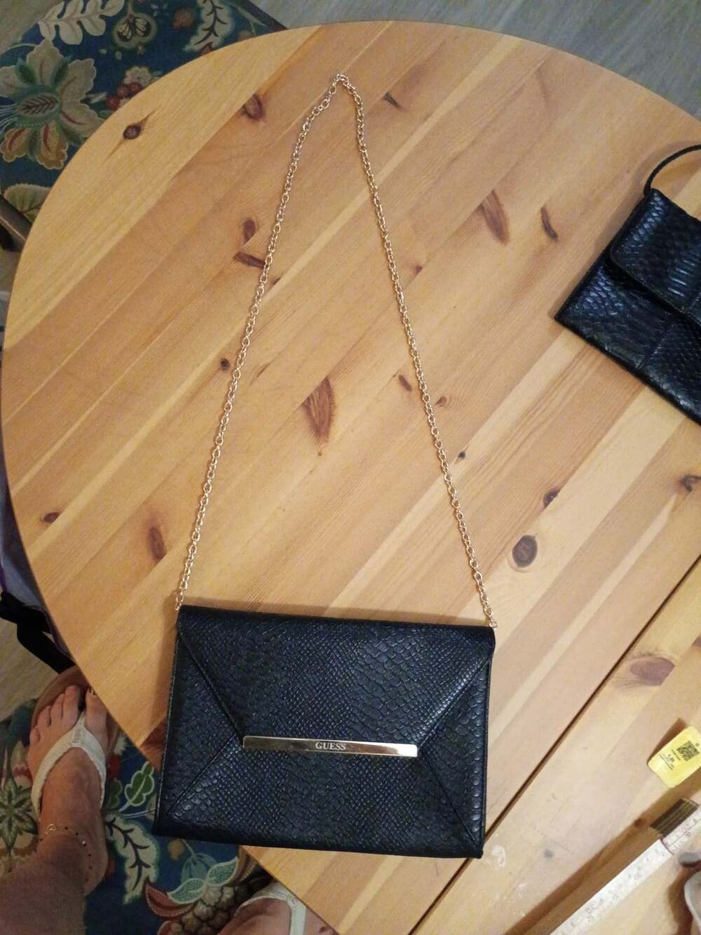 Guess Black Faux Snakeskin Envelope Clutch Crossbody Bag with Gold Chain